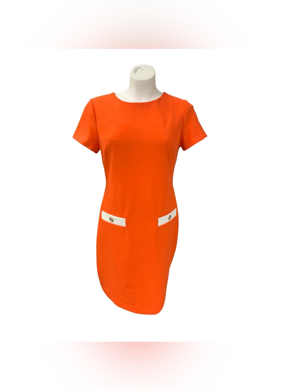 Tommy Hilfiger Orange Short-Sleeve Sheath Dress with White Pocket Accents Size S